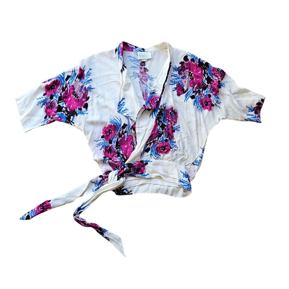 Portfolio Vintage Floral Wrap Top Cream Pink Blue Rayon Cropped Batwing Style